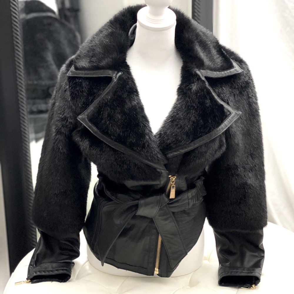 Marciano black leather coat faux fur size L